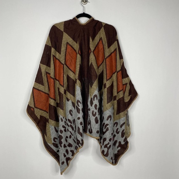 NEW Boho Diamond Cheetah Ruana Oversized Open Wrap Poncho Blanket Scarf - Picture 7 of 8